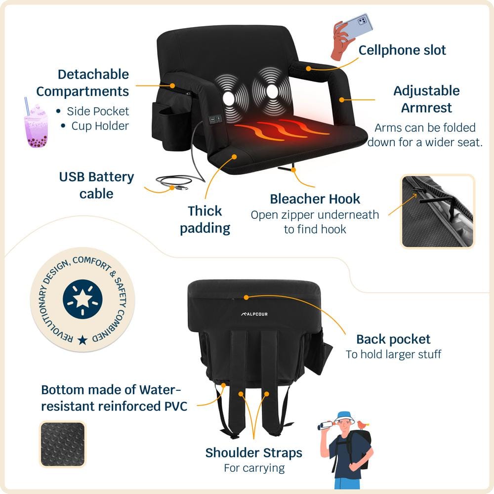 Black Heated Massage Reclining Outdoor Floor Chair