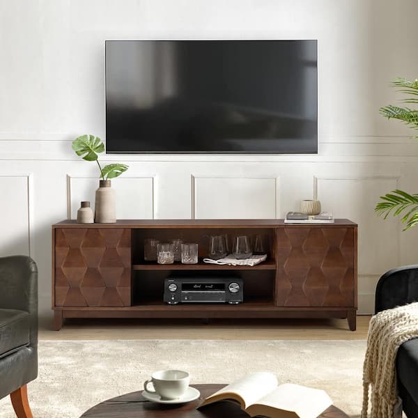 JAYDEN CREATION Napoleon Walnut Modern 72 in. Sliding Door TV Stand up to 65 in. with Interior 2-Drawer and Adjustable Shelf