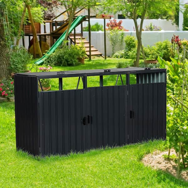 94 in. W x 31.5 in. D x 48 in. H Black Metal Outdoor Trash Can Storage Shed for 3-Bins