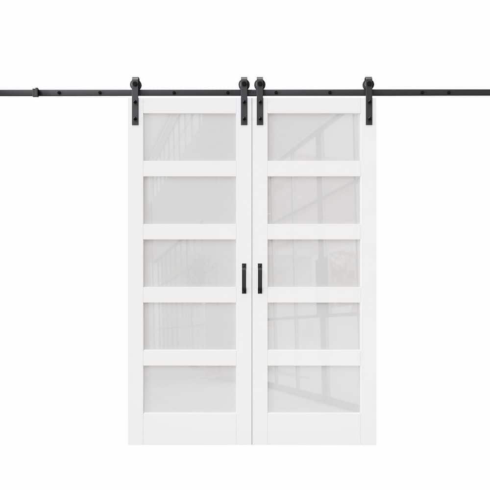 56 in. x 80 in. Waterproof 5-Lite Frosted Glass White Primed MDF Sliding Barn Door with Hardware Kit for Bathroom price history on PriceWatchPro