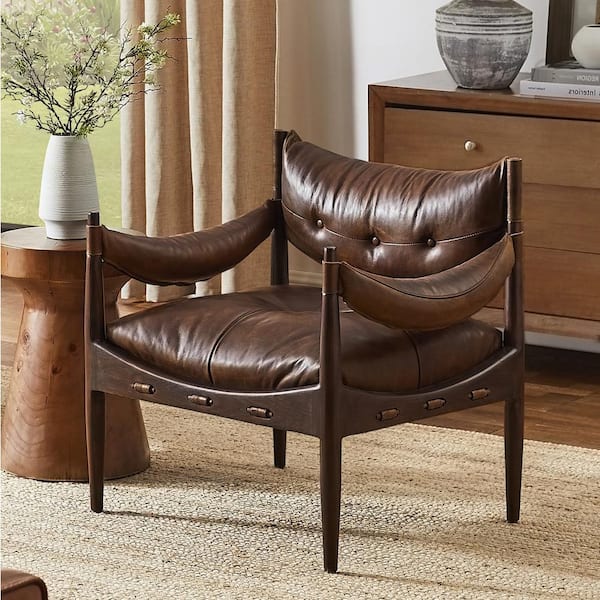Top Leather Cognac Mid-Century Modern Genuine Leather Arm Chair