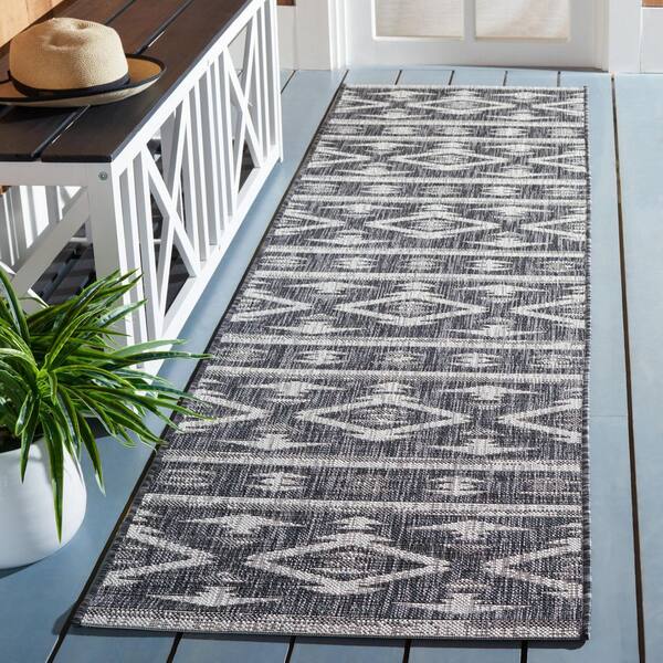 Courtyard Black/Gray 2 ft. x 14 ft. Geometric Striped Diamond Indoor/Outdoor Runner Rug