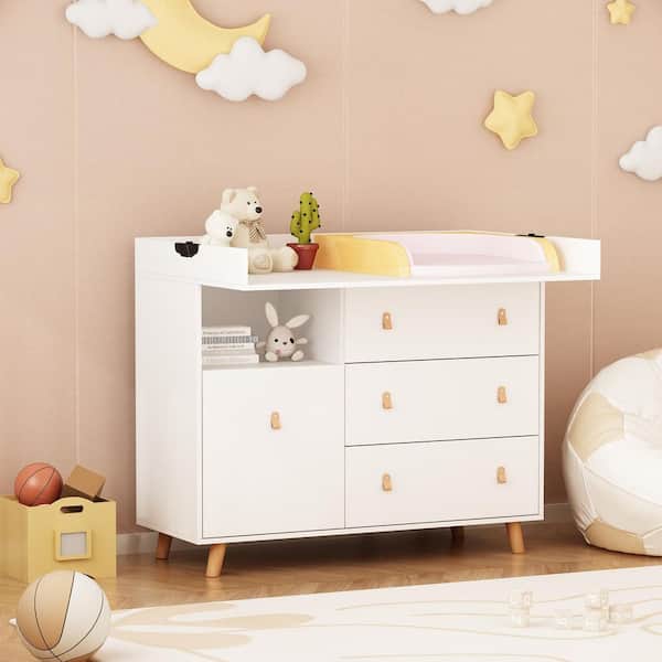 FUFU&GAGA White 4-Drawer 45 in. Width Wooden Stylish Kids Low Dresser, Chest of Drawers, Storage Cabinet with Open Shelf