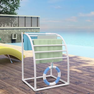 Pool Towel Rack 7 Bar 37.6 in. L x 37.6 in. W x 47 in. H Freestand Outdoor PVC Curved Poolside Storage Organizer, White