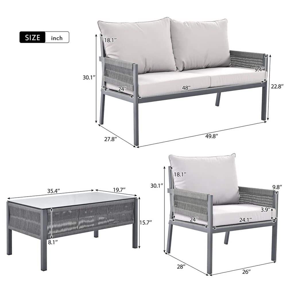 Gray Steel Rope 4-Piece Outdoor Patio Conversation Set with Cushions