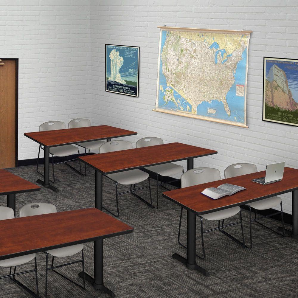 Cain 48 in. x 24 in. Cherry T-Base Training Seminar Table Desk and 2 Zeng Stack Chairs-Grey