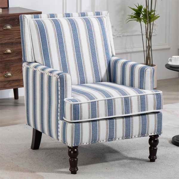aisword Classic Mid-Century Modern Armchair with Nailhead Trim (Set of 1) - Blue and White Stripes