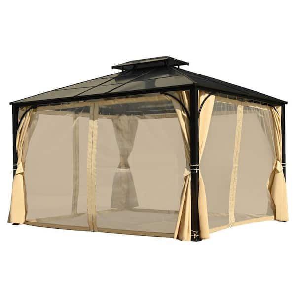 10 ft. x 12 ft. Outdoor Patio Beige Steel Gazebo Canopy Polycarbonate Roof Tent with Privacy Screen and Mosquito Netting