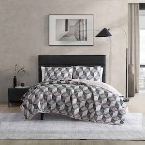 Gridwork 3-Piece Brown Microfiber Full/Queen Quilt Set