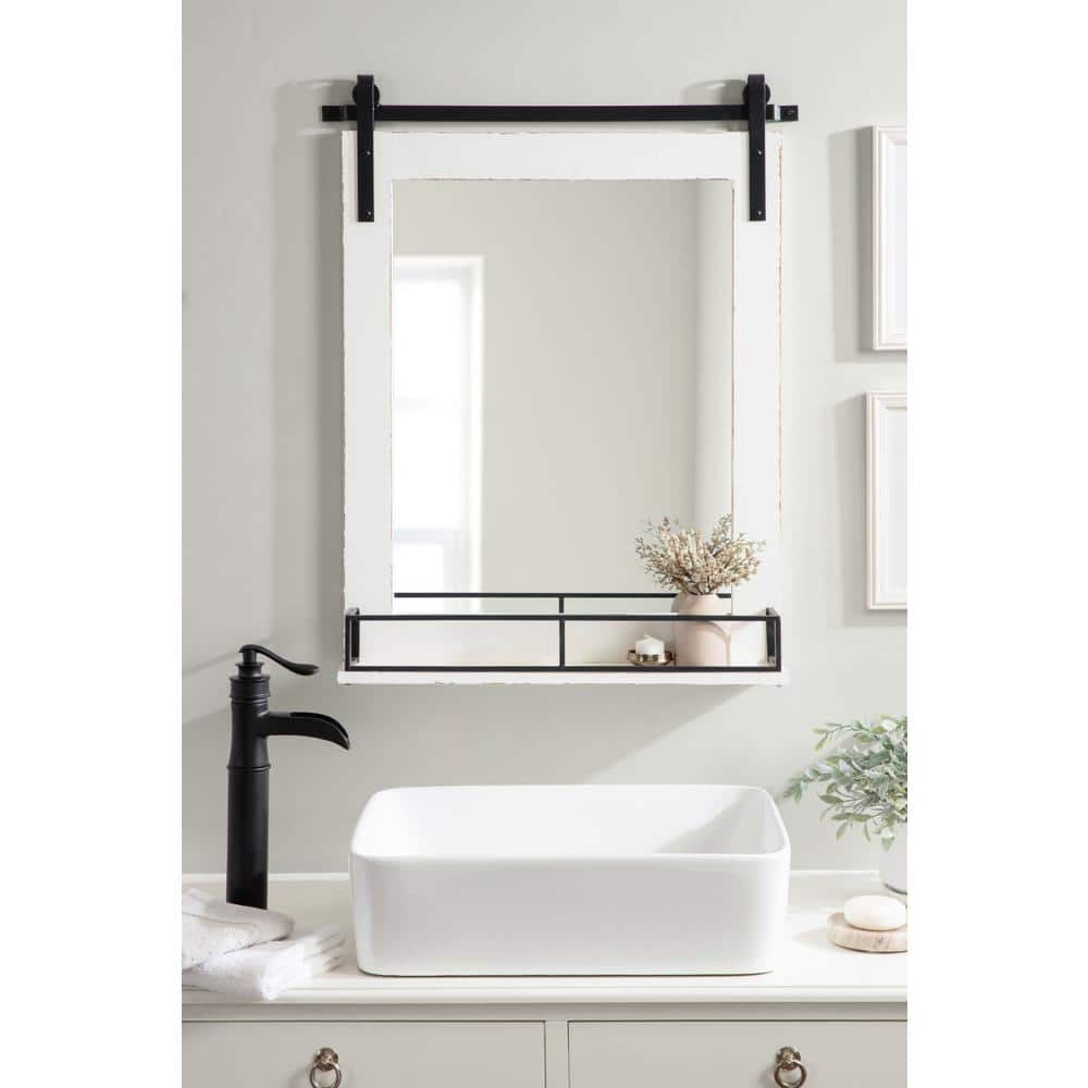 White Rectangular Wood Wall Mirror with Shelf
