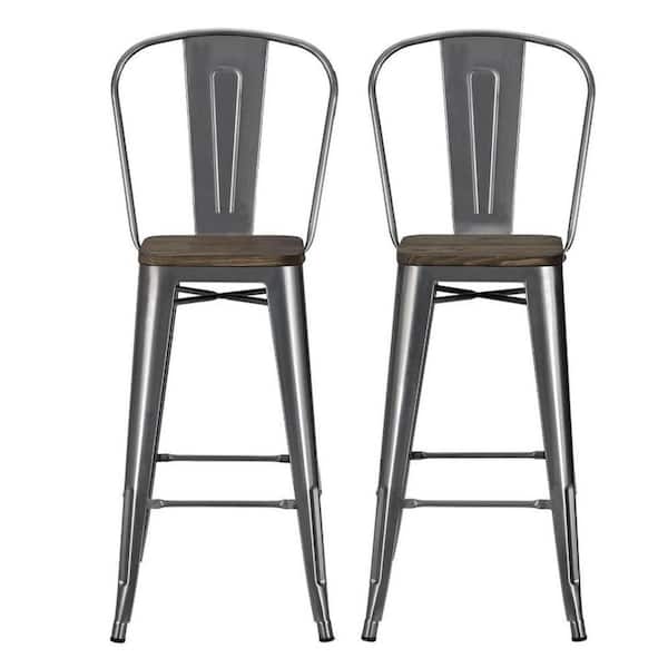 DHP Lena 30 in. Antique Gun Metal, Metal Bar Stool with Wood Seat (Set of 2)