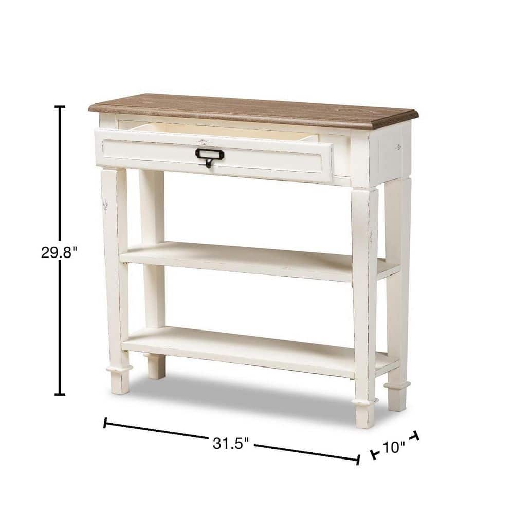 Distressed White and Natural Wood Console Table with Storage