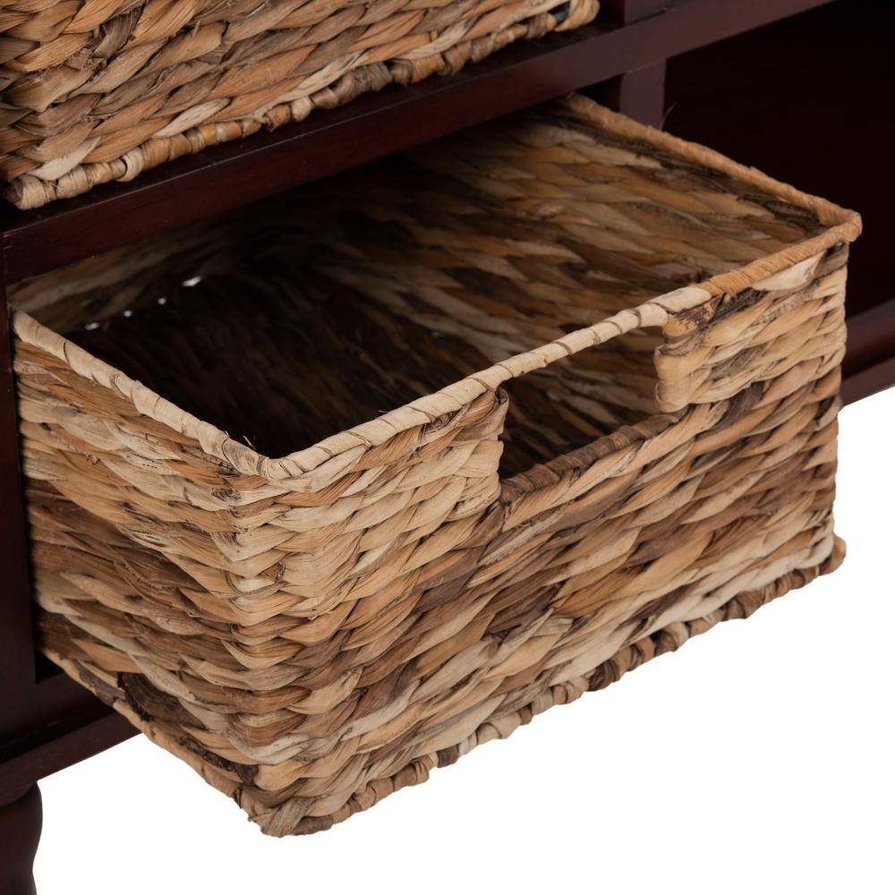White Transitional Wood Entertainment Unit with Rattan Baskets