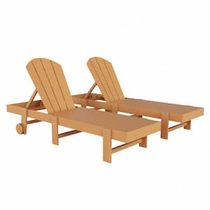 Laguna 2-Piece Fade Resistant HDPE Plastic Adjustable Outdoor Adirondack Chaise Loungers with Wheels in Teak