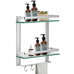 12.2 in. W x 4.8 in. D x 16.14 in. H Silver 2 Tier Tempered Glass Shower Shelves with Towel Bar Wall Mounted