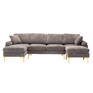 Modern 114.42 in. W Pillow Top Round Arm Polyester L Shaped Sofa with 1 Ottoman in Gray