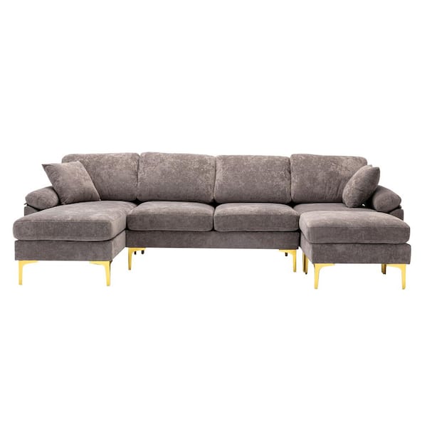 Unbranded Modern 114.42 in. W Pillow Top Round Arm Polyester L Shaped Sofa with 1 Ottoman in Gray
