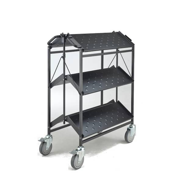 Master Grade Folding Master Busing Cart, 3-Shelf Black 550 lbs. Cap with 5 in. Swivel Caster 32 in. L x 17.5 in W x 36 in. H