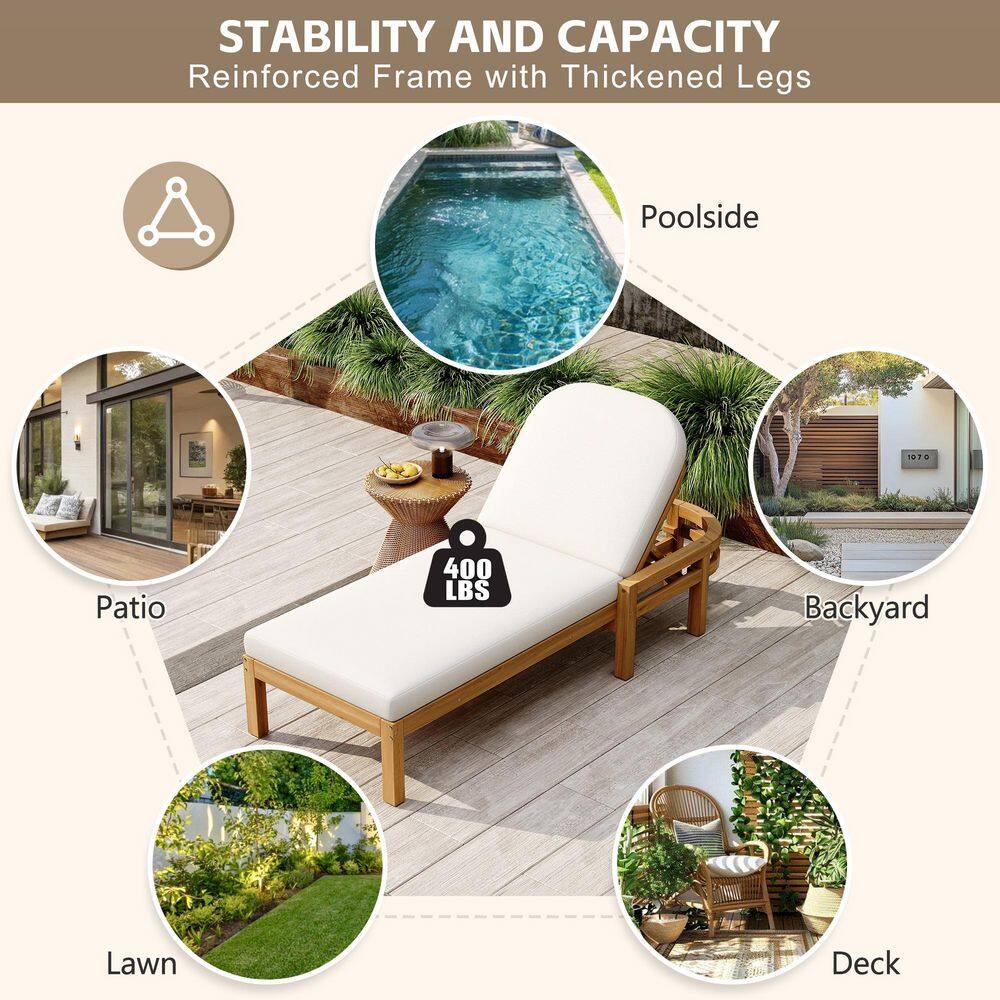 Infographic showing the acacia wood chaise lounge chair in various outdoor settings.