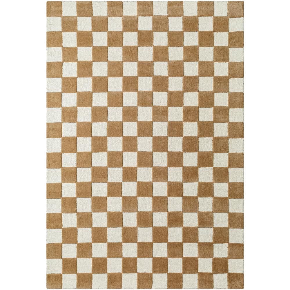 Tan and White Hand Tufted Wool Checkered Area Rug 8' x 10'