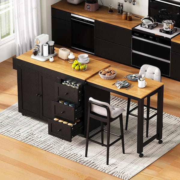 Black Wood 74.8 in. Rolling Kitchen Island Storage Cart with Extendable Dining Table, 3-Drawers, Power Outlet