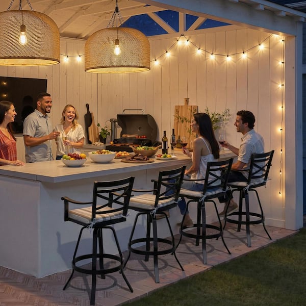 Swivel Cast Aluminum Outdoor Bar Stool with Sunbrella Milano Char Striped Cushion (4-Pack)