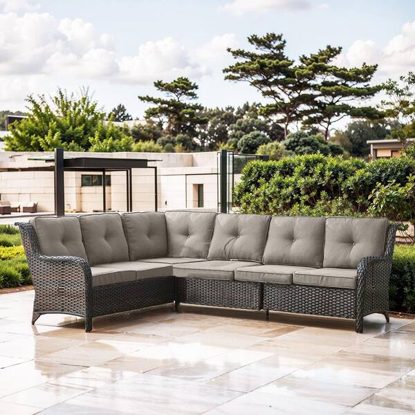 1-Piece Brown Wicker Patio Conversation Outdoor Couch, Sectional Sofa with Gray Cushions