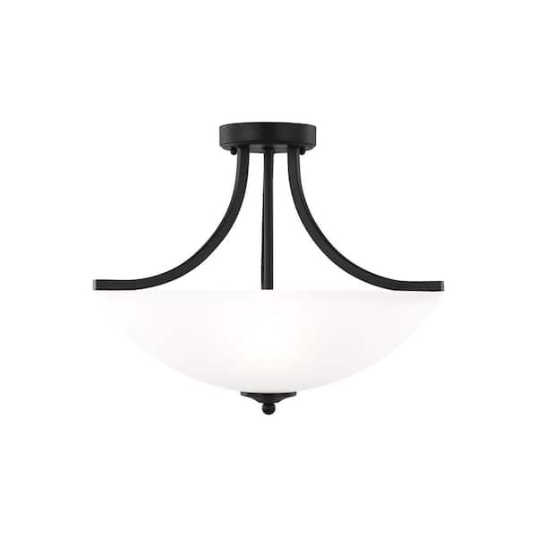 Generation Lighting Geary Medium 3-Light Midnight Matte Black Traditional Contemporary Semi Flush Mount Convertible Pendant with Satin Glass