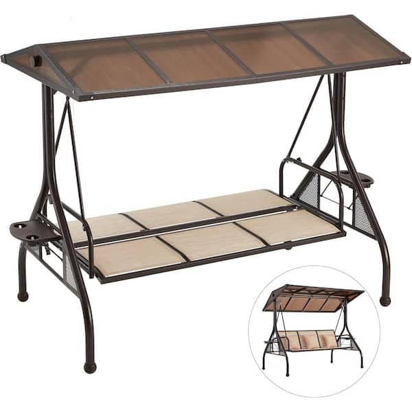 Unbranded 3-Seat Outdoor Metal Porch Swing with Adjustable Hardtop, Patio Canopy Swing Bed with Side Cup Holder, Khaki Cushions
