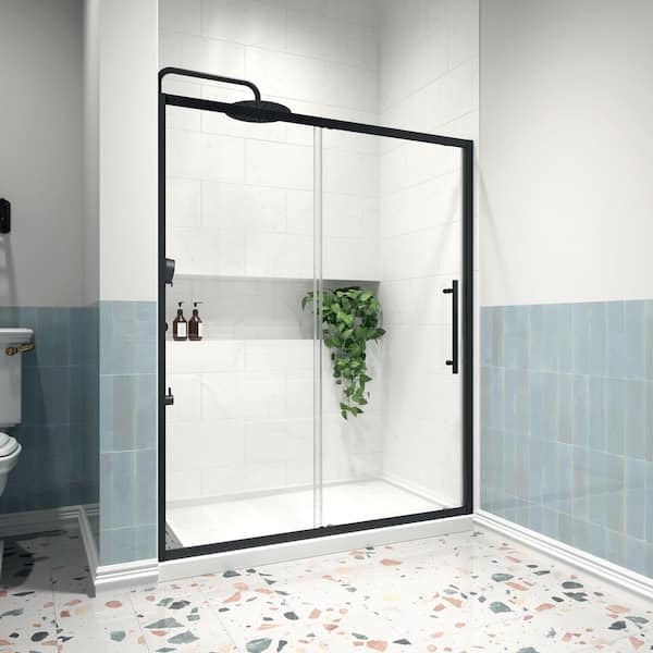 Modern 54 in. W x 72 in. H Sliding Semi-Frameless Shower Door in Matte Black Finish with 1/4 in. (6mm) Clear Glass