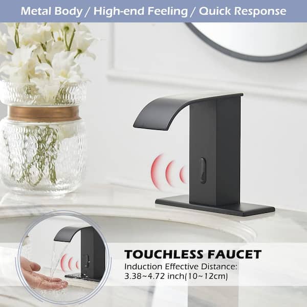Automatic Sensor Touchless Single Hole Bathroom Sink Faucet with Deck Plate & Pop-Up Drain in Matte Black