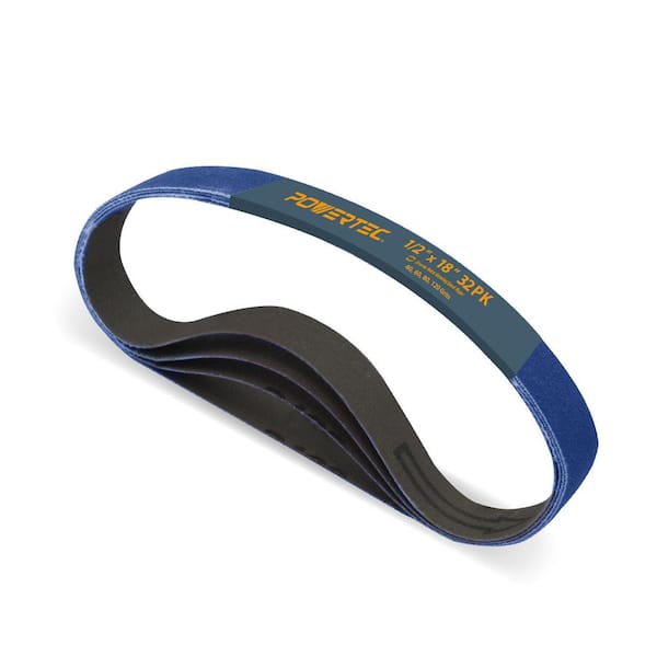 ‎POWERTEC 1/2 in. x 18 in. Zirconia Sanding Belts Assortment, 8 Each of 40/60/80/120 Grit (32-Pack)