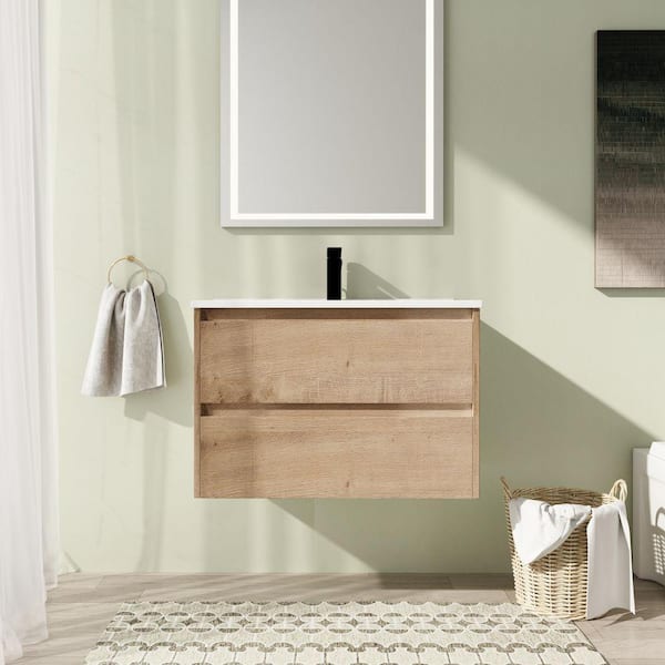30 in. Wall-Mounted Single Oak Bath Vanity with White Ceramic Vanity Top Unassembled