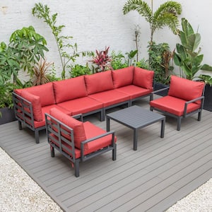 Hamilton 7-Piece Aluminum Modular Outdoor Patio Conversation Seating Set With Coffee Table & Cushions in Red