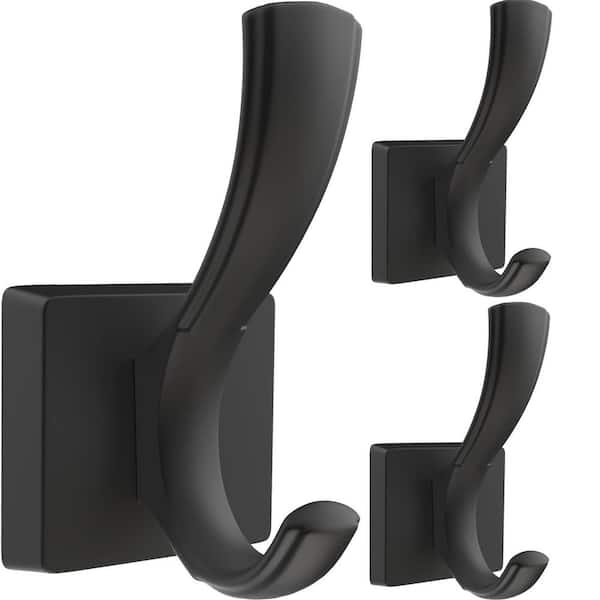 3 Pack Aluminum Double Towel Hooks in Black for Bathroom, Wall-Mount Robe and Coat Hooks, Hidden Screw Mount