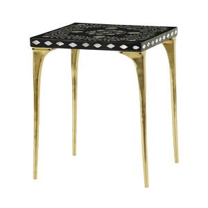 Square Black Wood Accent Table With White Shell Detail And Gold Metal Base, 16 in x 21 in.
