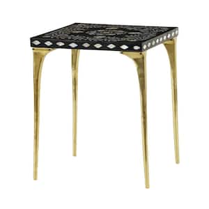 Square Black Wood Accent Table With White Shell Detail And Gold Metal Base, 16 in x 21 in.