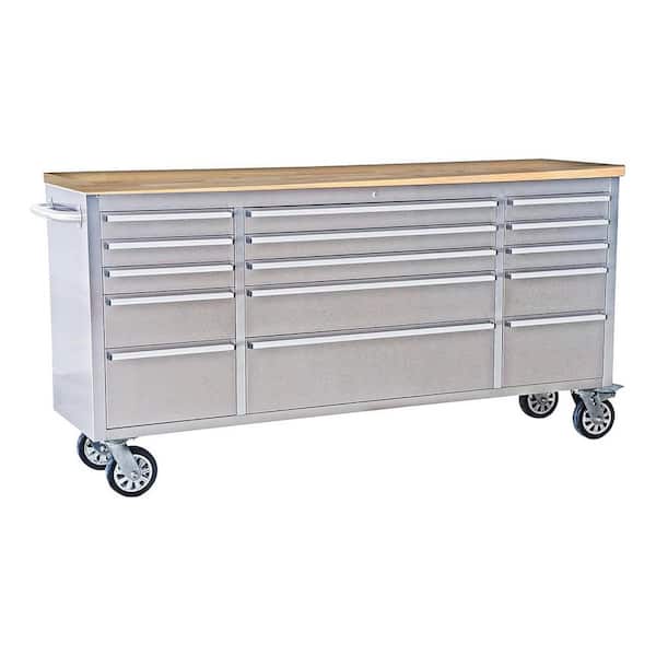 72 in. W x 18 in. D Heavy Duty 15-Drawer Mobile Workbench Cabinet Wood Top Tool Chest with Lockable Wheels, Silver