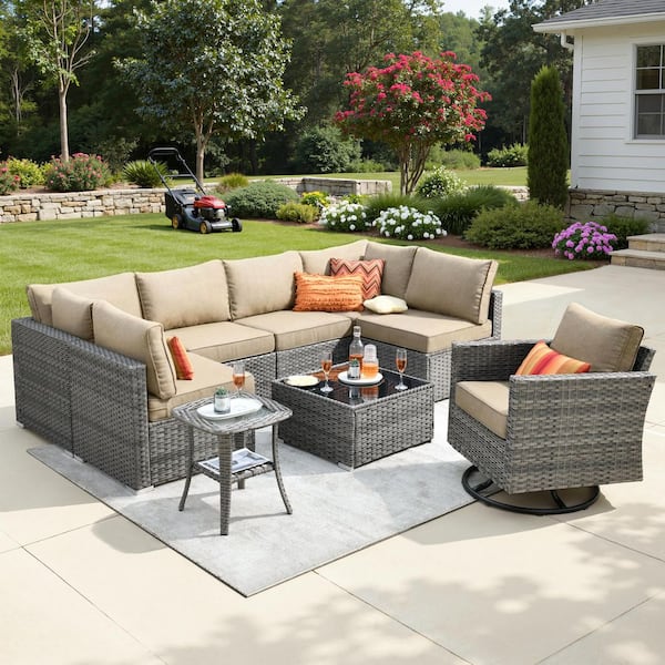 Daffodil F Gray 9-Piece Wicker Outdoor Patio Conversation Sectional Set with a Swivel Rocking Chair and Beige Cushions