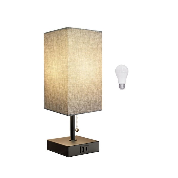 Basdien 15.7 in. Black Pull Chain Table Lamp with USB C+A Ports Cream Cylinder Fabric Shade for Living Room