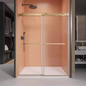 54 in. W x 76 in. H Soft-closing Double Sliding Frameless Shower Door in Brushed Gold with Clear Glass