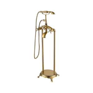 3-Handle Freestanding Tub Faucet Floor Mount Faucet with Hand Shower in Brushed Brass