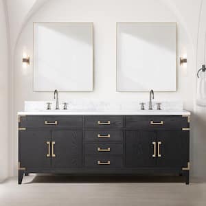 Fossa 80 in W x 22 in D Black Oak Double Bath Vanity, Carrara Marble Top, Faucet Set, and 36 in Mirrors