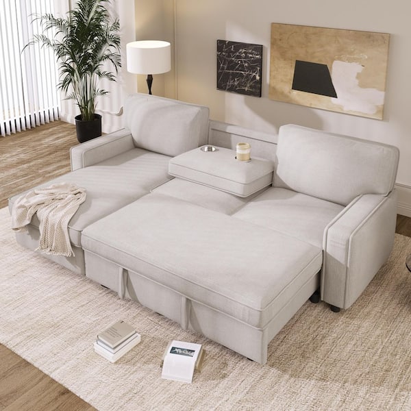 89 in. Square Arm Polyester L-Shaped Sofa in Beige with Storage Space, USB Port and 2 Cup Holders