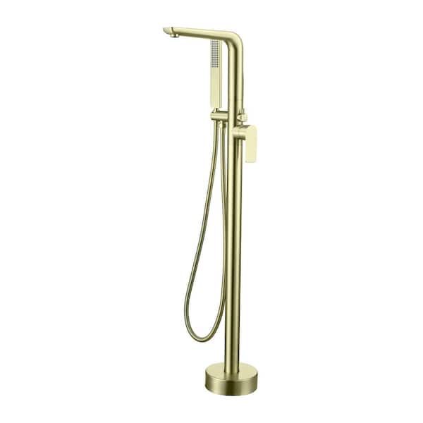 Unbranded 1-Handle Freestanding Floor Mount Tub Faucet Bathtub Filler with Hand Shower in Brushed Gold