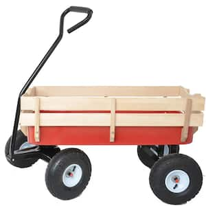 Outdoor Wagon All Terrain Pulling Wood Railing Air Tires Garden cart (Red plus white) Serving Cart