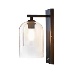 Modern Decorative Dimmable 1 Light Armed Wall Sconce Dimple Glass Clear Globe Shade - Matt Black