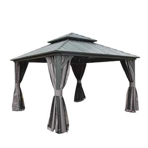 12 ft. x 12 ft. Gray Hardtop Gazebo Canopy with Netting and Curtains, Galvanized Steel Double Roof