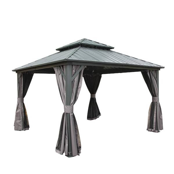domi outdoor living 12 ft. x 12 ft. Gray Hardtop Gazebo Canopy with Netting and Curtains, Galvanized Steel Double Roof