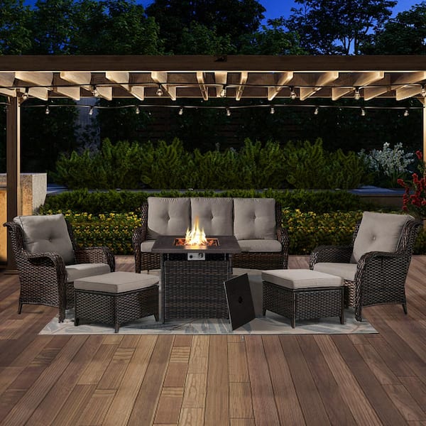 Opohoro ArcoBay 6-Piece Brown Frame Wicker Patio Square Fire Pit Conversation Set with Beige Cushions and Ottomans